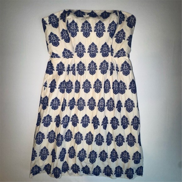 J.Crew Embroidered Womens Size 2/4 Ivory Navy Strapless Dress Coastal Preppy - Picture 4 of 14